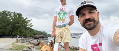 Paul Passavant and Matthew Conley with their pup, Sting Rae.